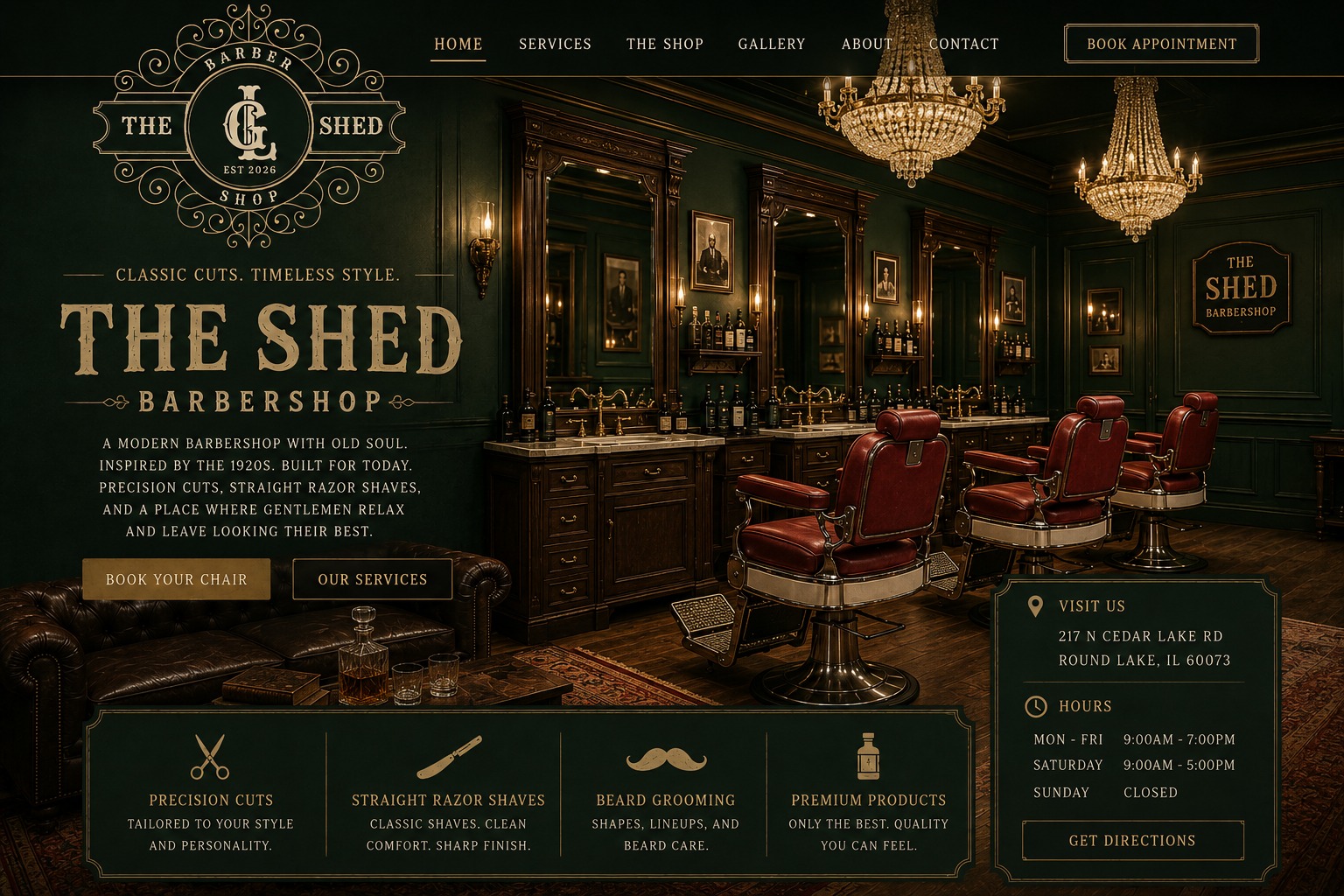 The Shed Barbershop vintage green and gold website homepage with red barber chairs and crystal chandeliers
